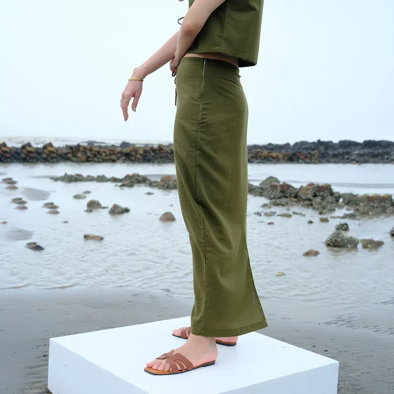 Linen Co Ord Set for Women | Top & Skirt | Olive Green