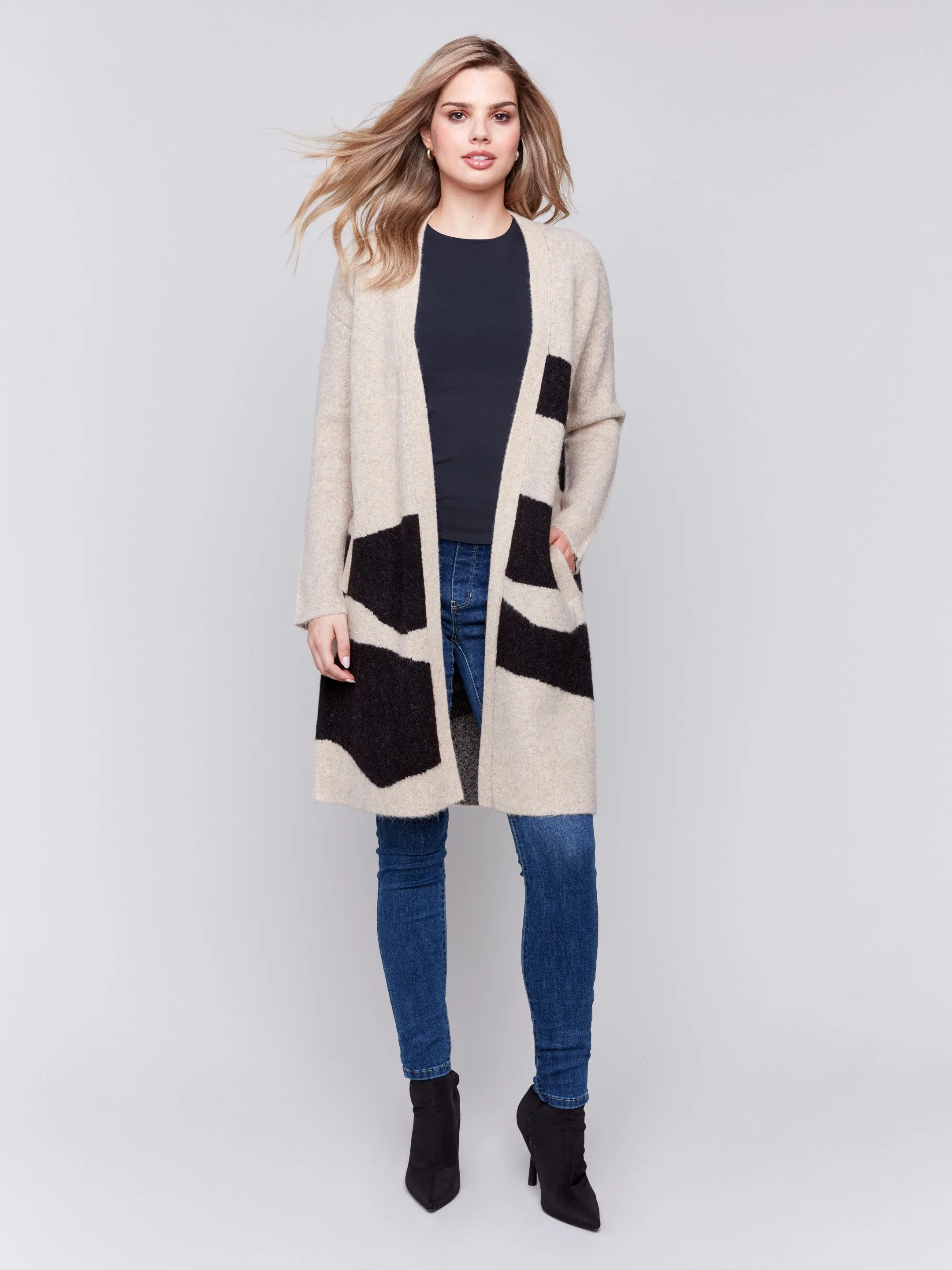 Long Jacquard Knit Cardigan - Oatmeal