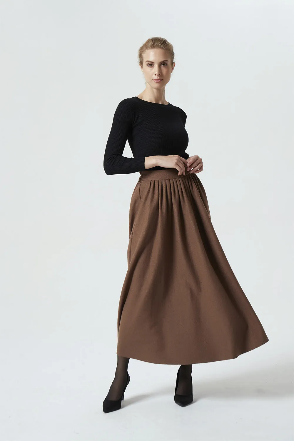 long maxi brown wool skirt, winter skirt for women 1987#