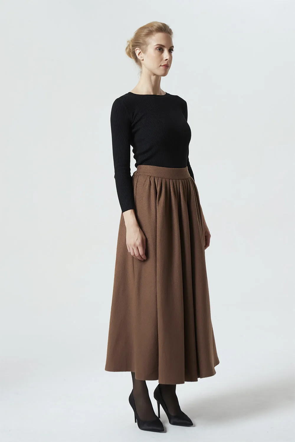 long maxi brown wool skirt, winter skirt for women 1987#