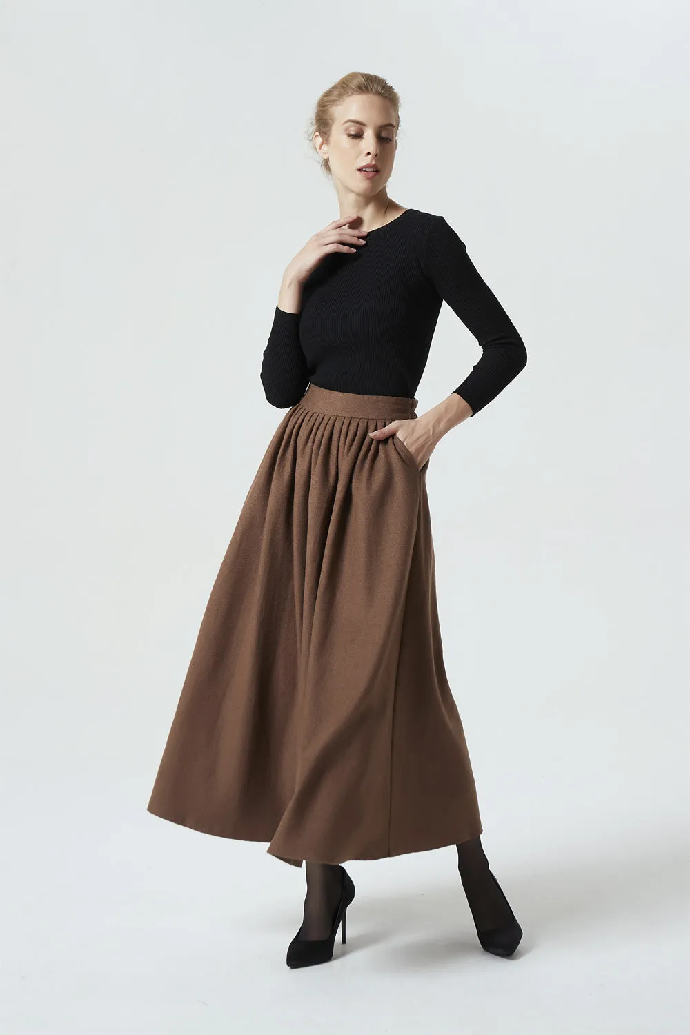 long maxi brown wool skirt, winter skirt for women 1987#