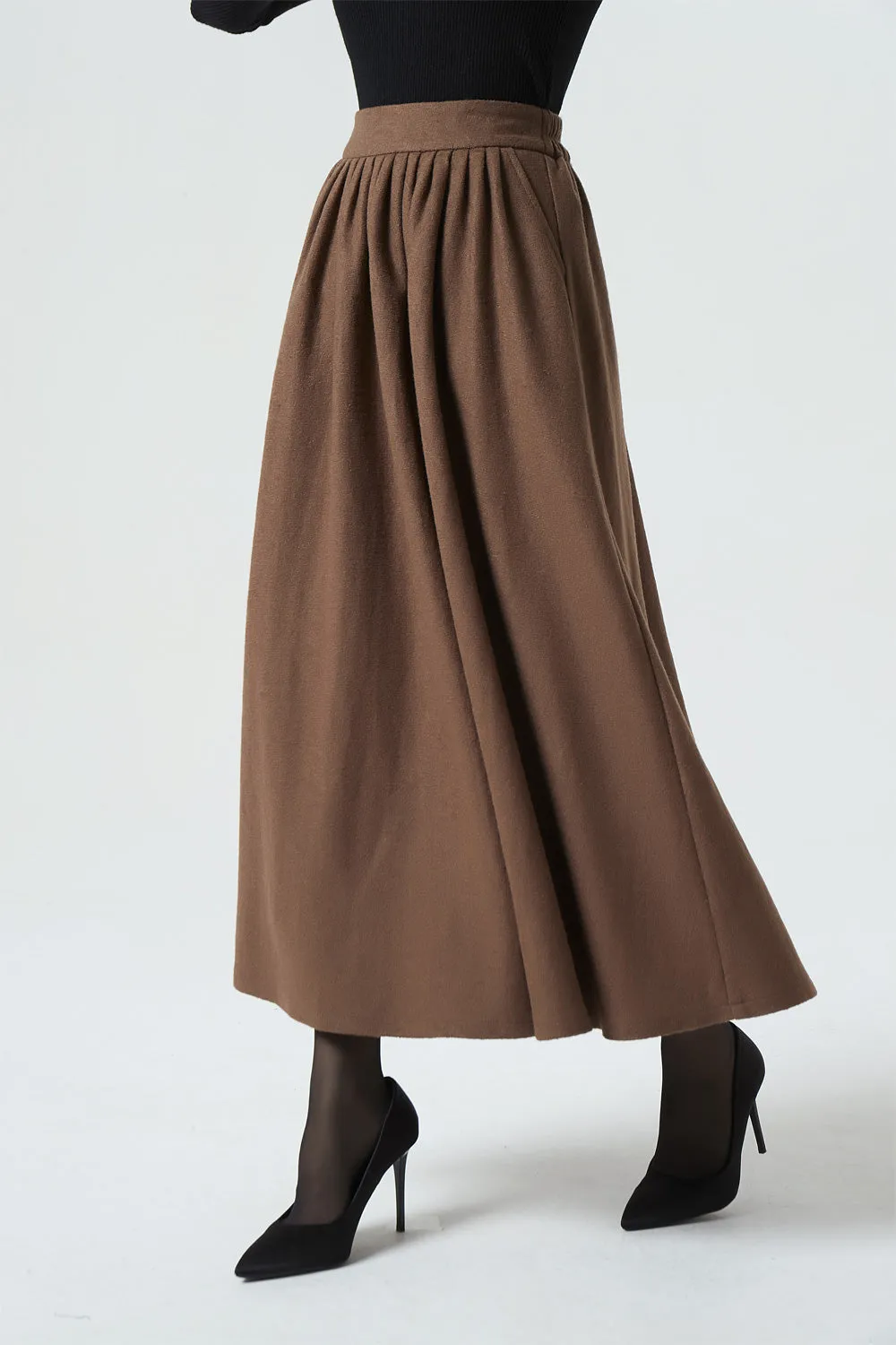 long maxi brown wool skirt, winter skirt for women 1987#