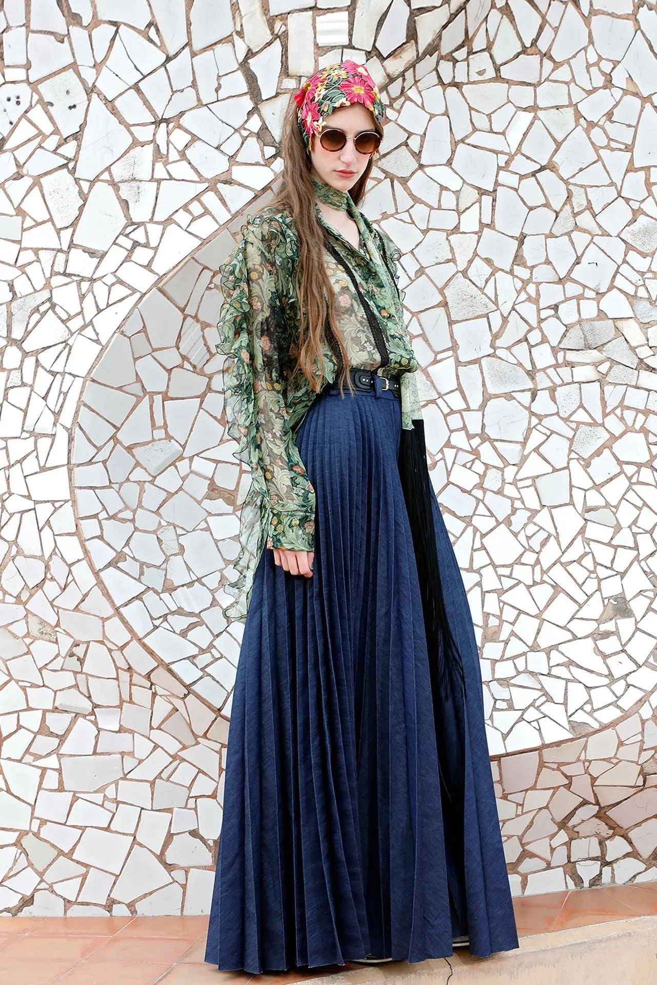 Long Printed Shirt, and A-line Pleated Skirt