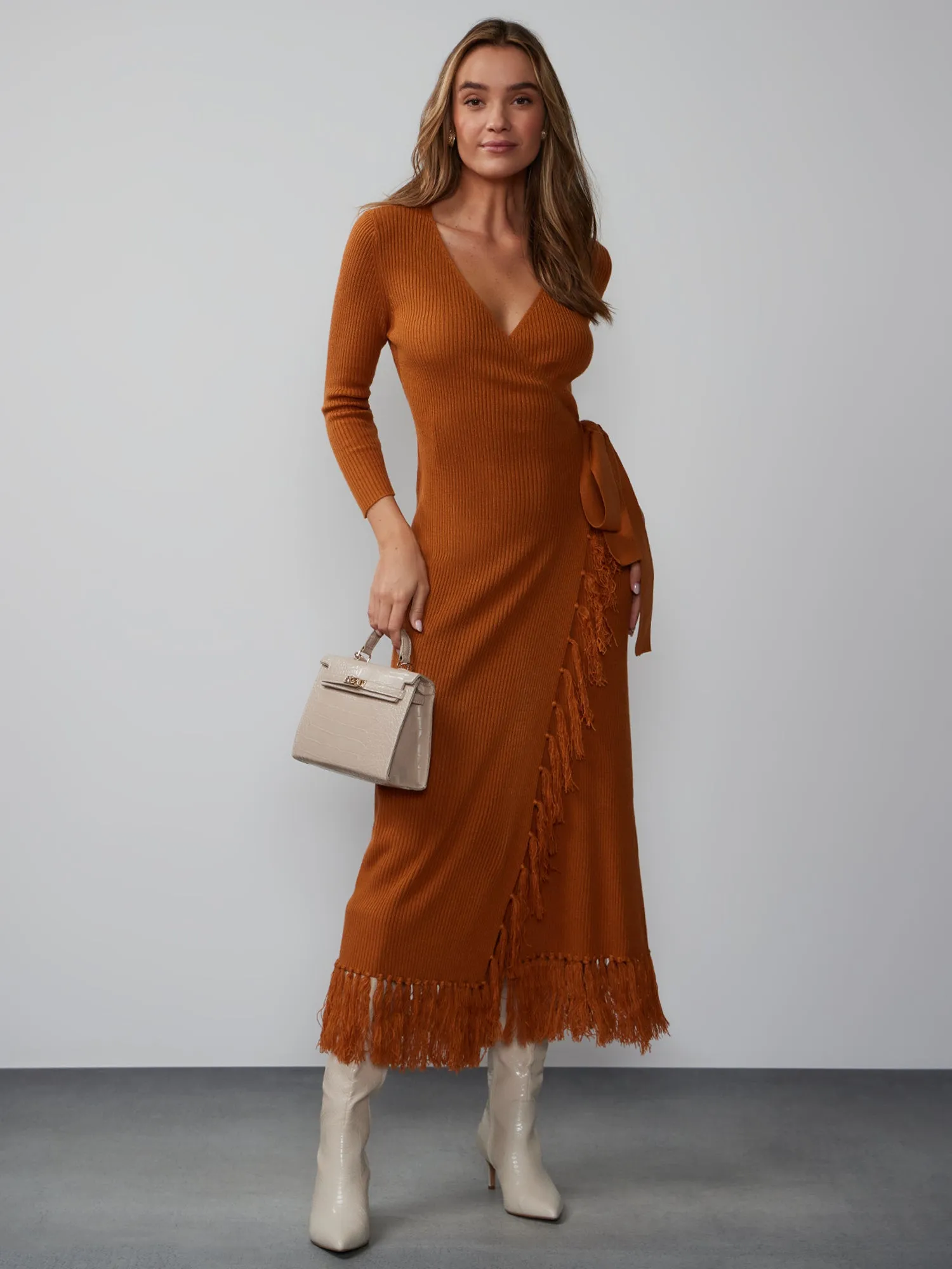 Long Sleeve Fringe Wrap Sweater Dress