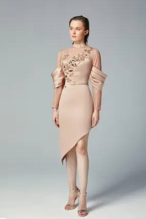 Long-Sleeved Satin Midi Dress with Embroidery