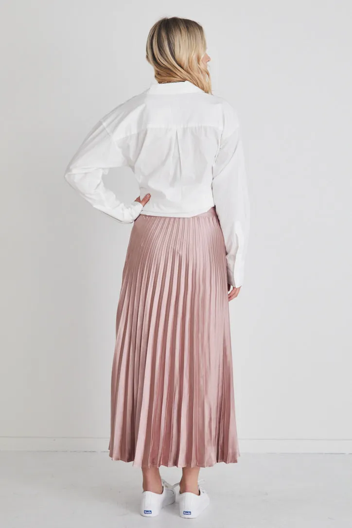 Luminescent Blush Satin Pleated Midi Skirt