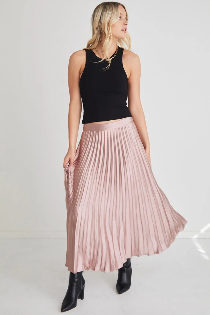 Luminescent Blush Satin Pleated Midi Skirt