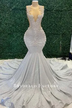 Luxury Rhinestones Plunging Silver Glitter Mermaid Prom Dress