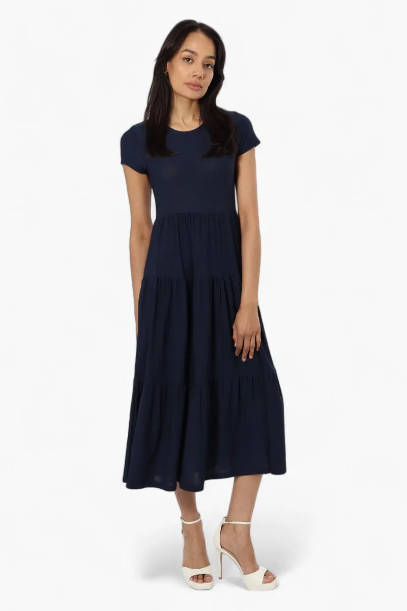 Majora Solid Cap Sleeve Tiered Maxi Dress - Navy