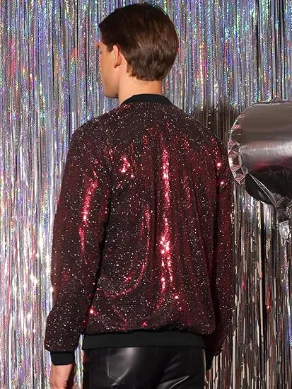 Men's Glitter Zip Up Red Bomber Jacket