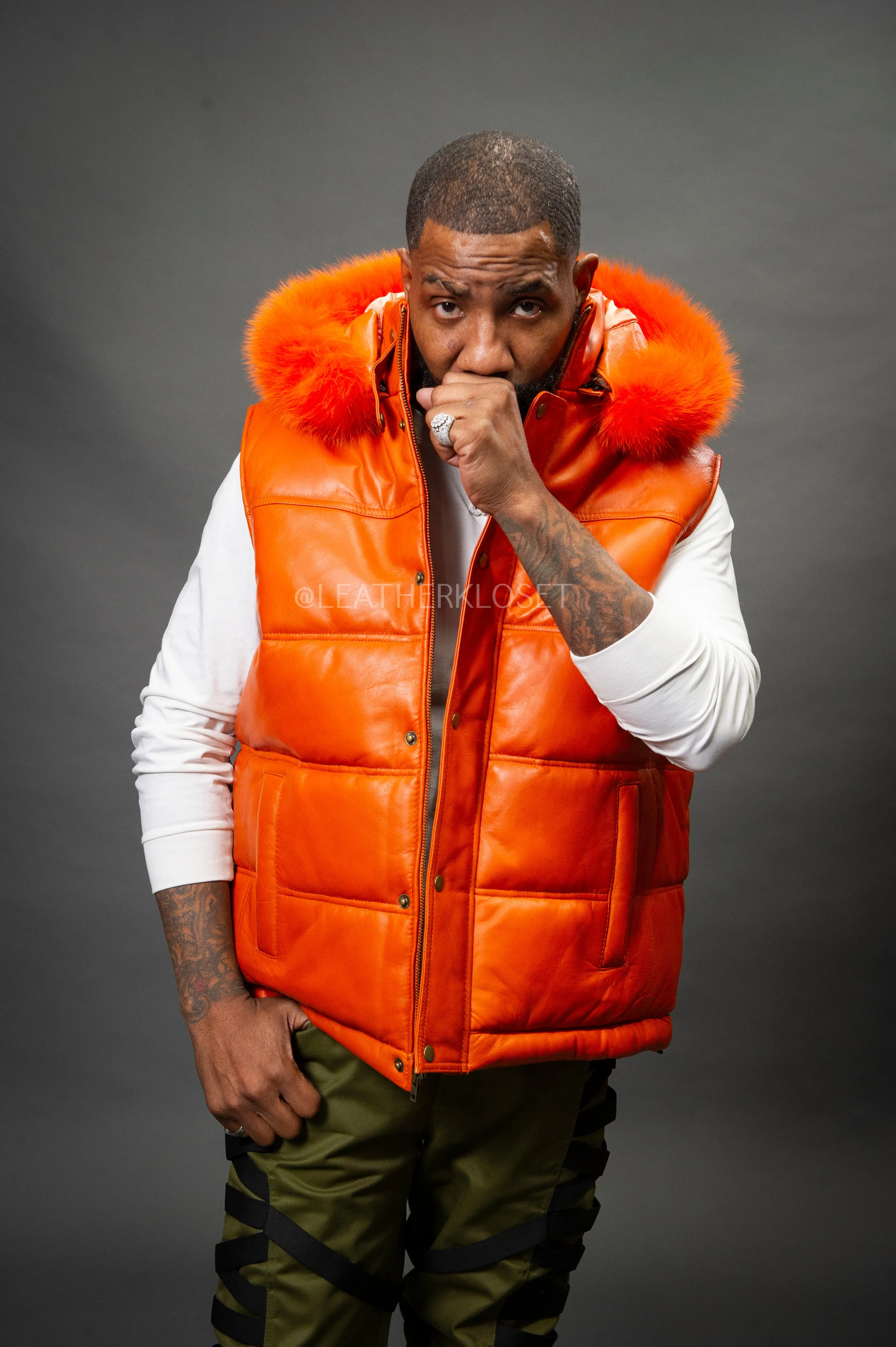 Men's Leather Bubble Vest With Fox Fur Hood [Orange]