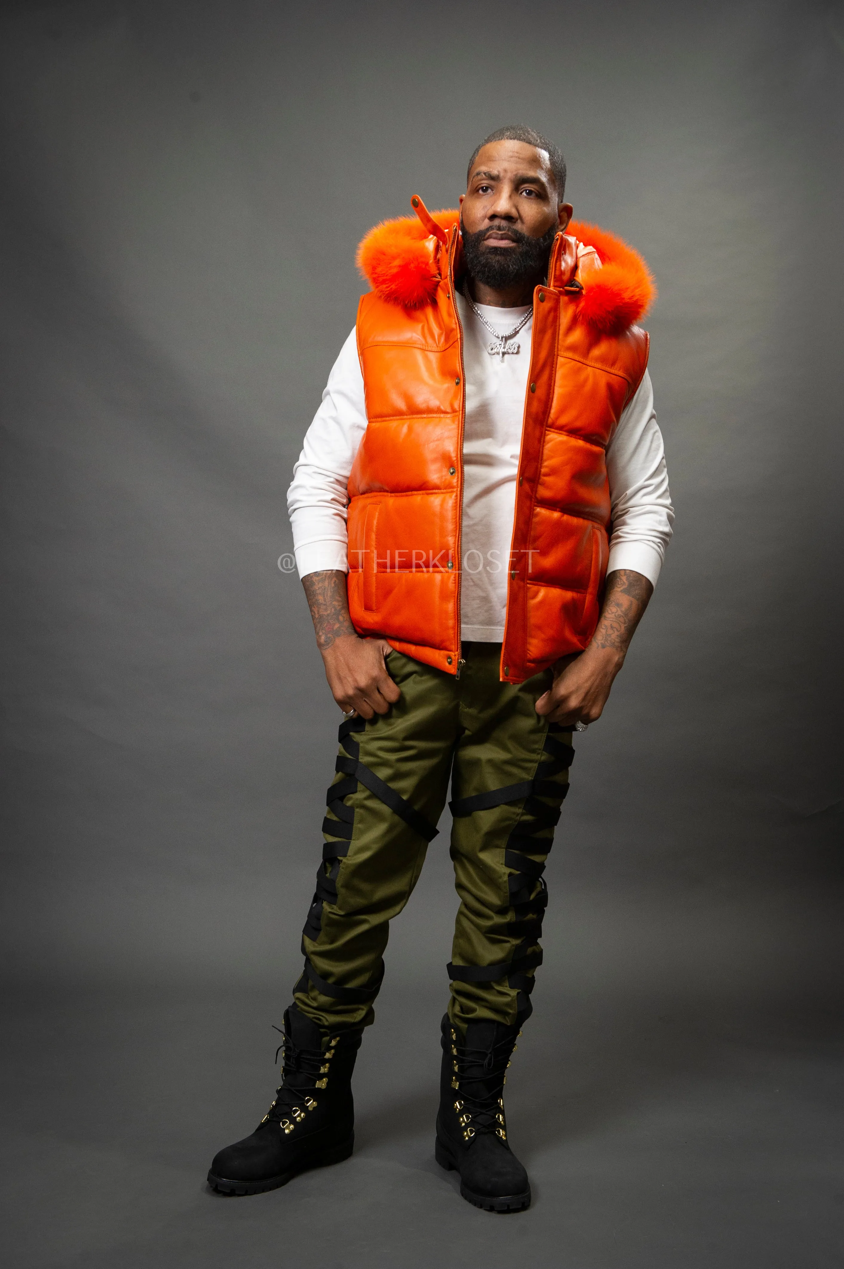 Men's Leather Bubble Vest With Fox Fur Hood [Orange]