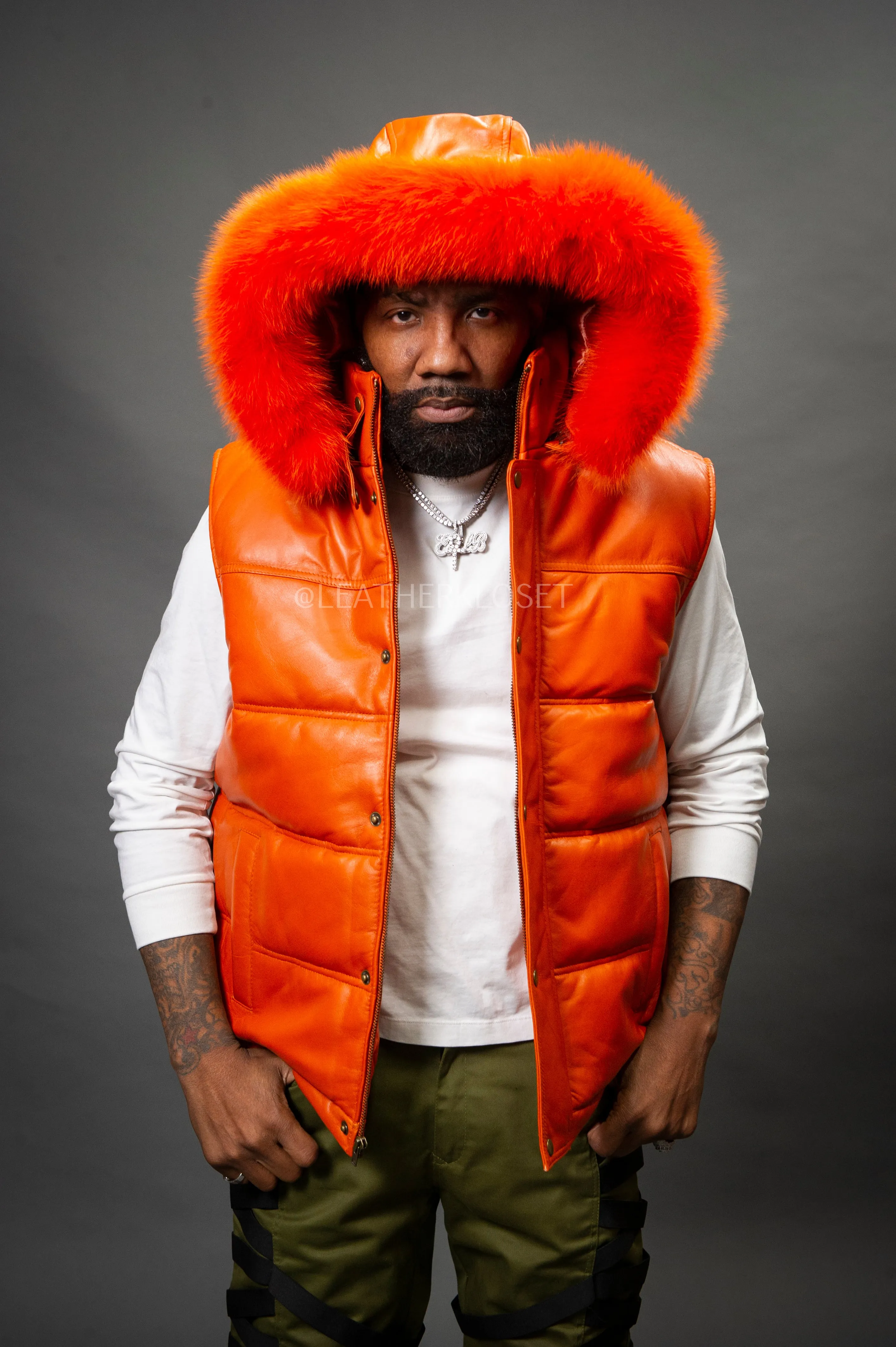 Men's Leather Bubble Vest With Fox Fur Hood [Orange]