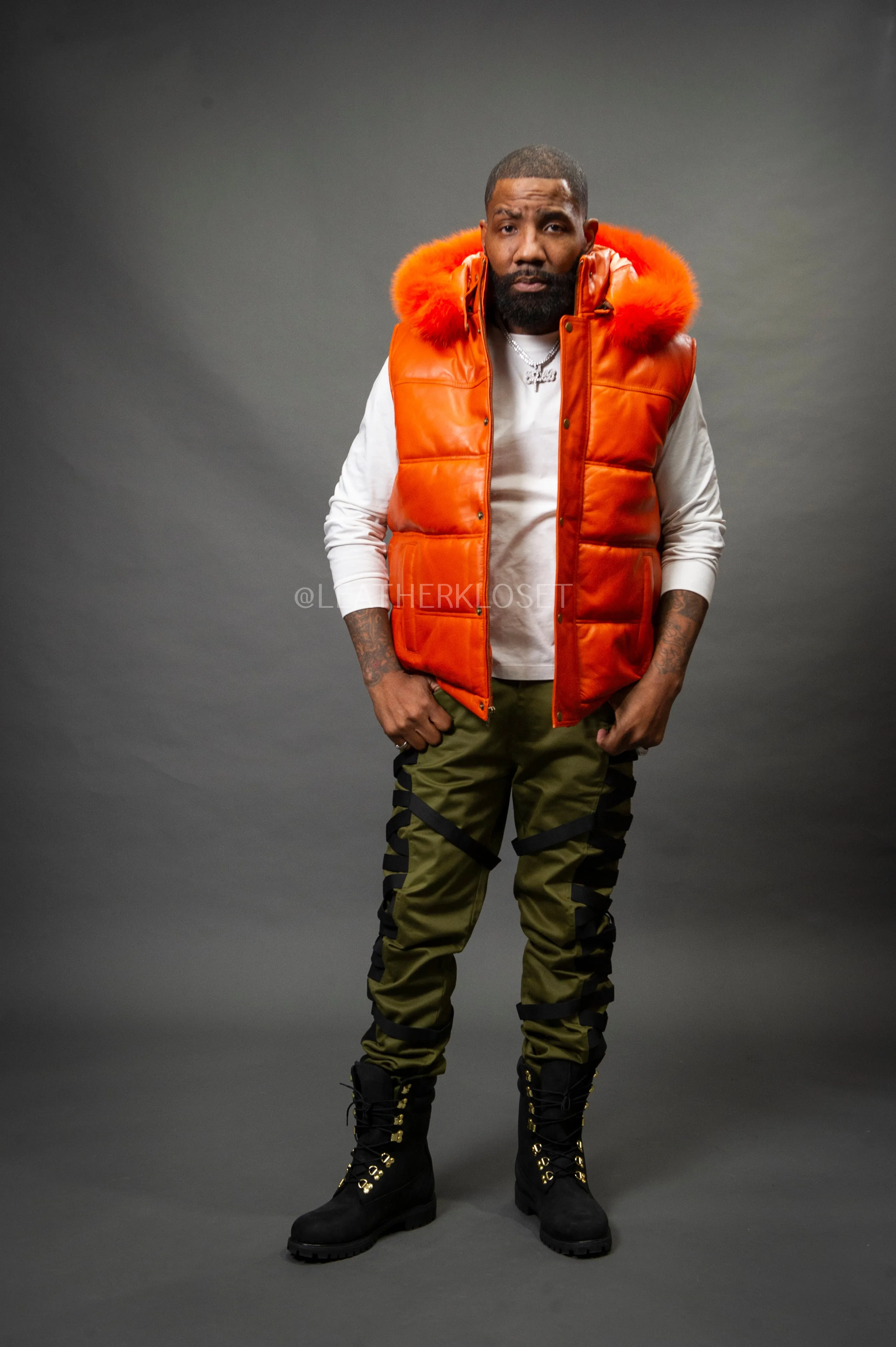 Men's Leather Bubble Vest With Fox Fur Hood [Orange]