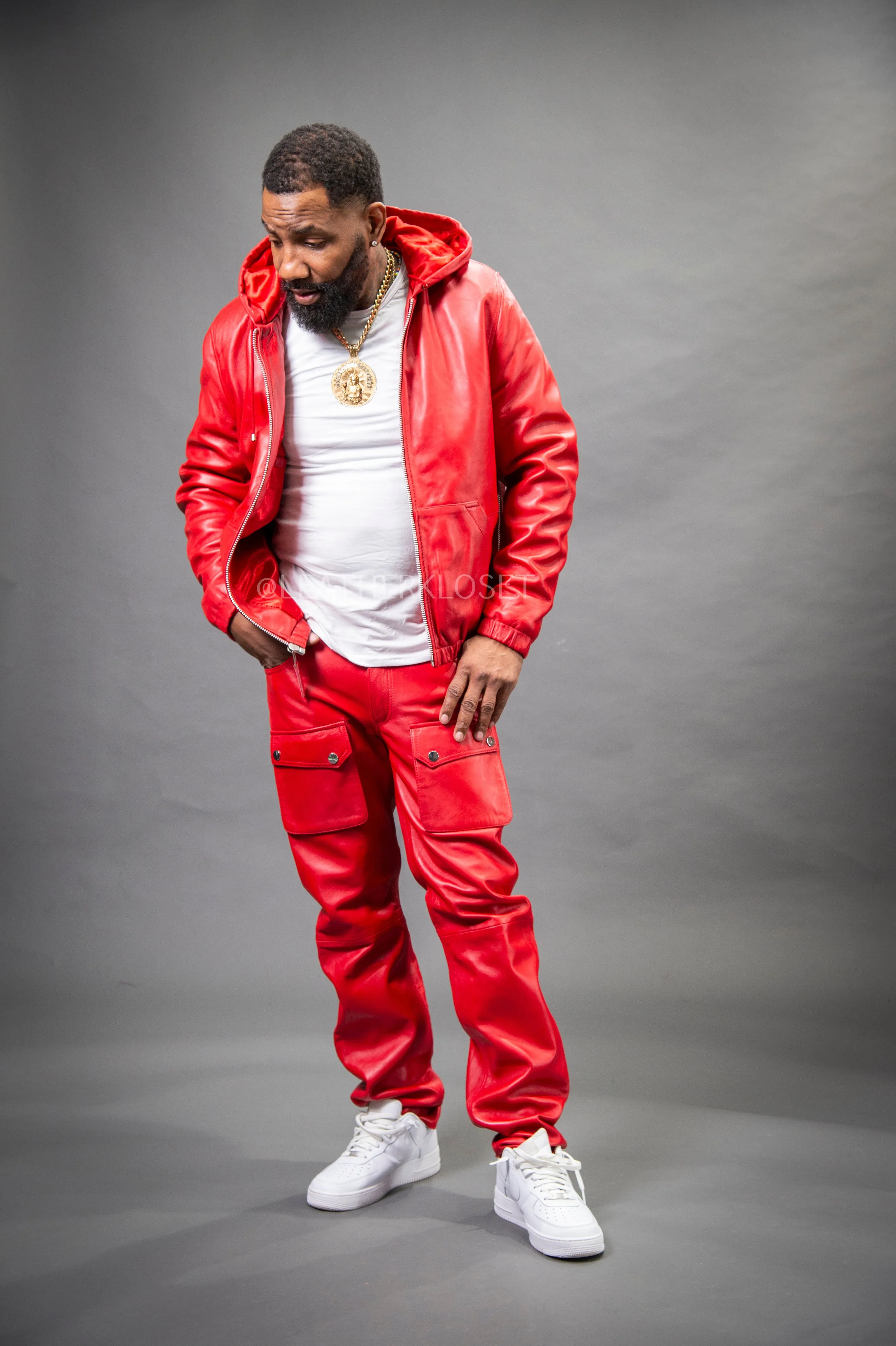 Men's Leather Hoodie And Cargo Pants Set [Red]