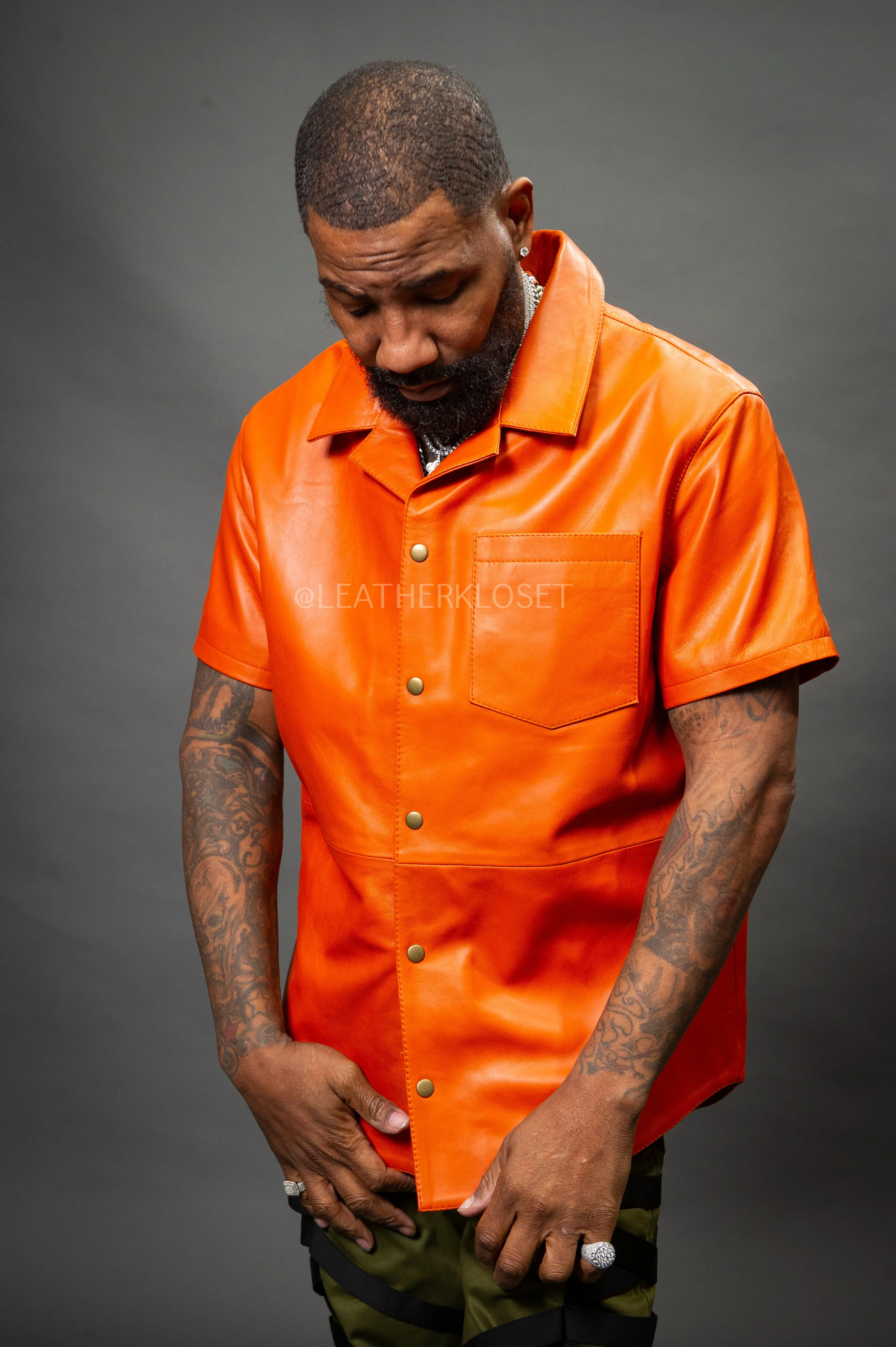 Men's Summer In Miami Luka Leather Short Sleeve Shirt [Orange]