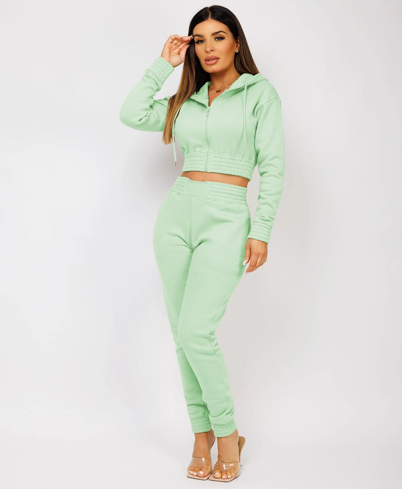 Mint Zipped Cropped Hooded Tracksuit Loungewear Set