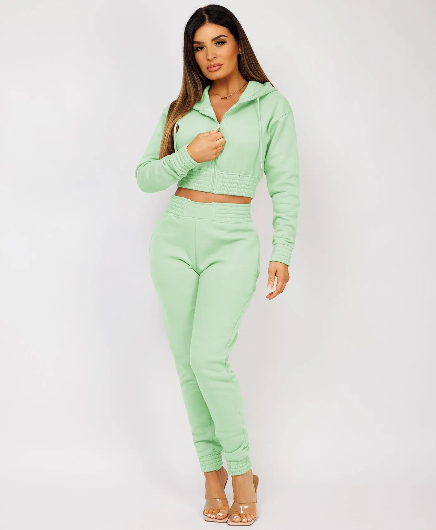 Mint Zipped Cropped Hooded Tracksuit Loungewear Set