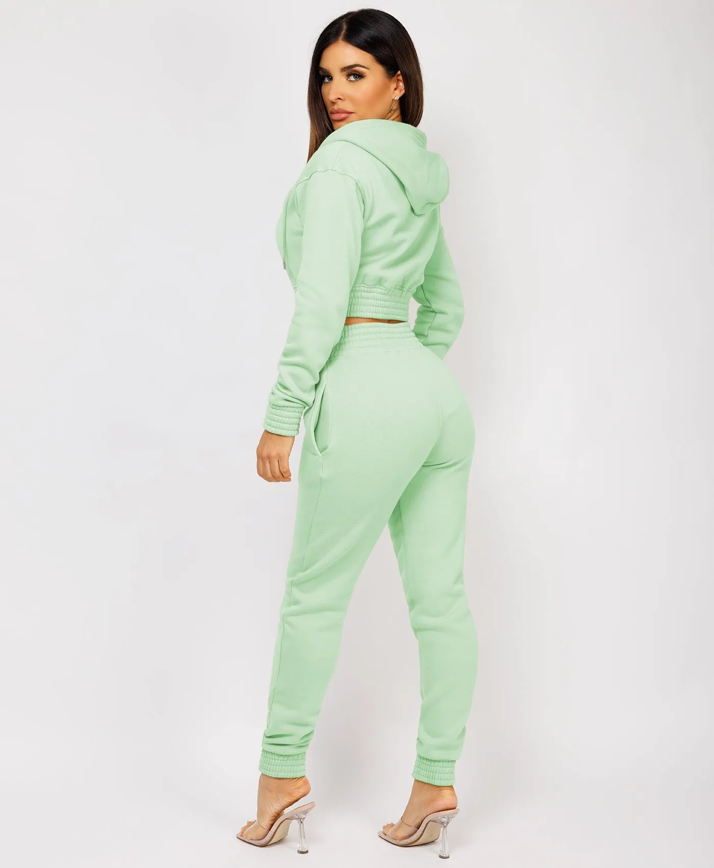 Mint Zipped Cropped Hooded Tracksuit Loungewear Set