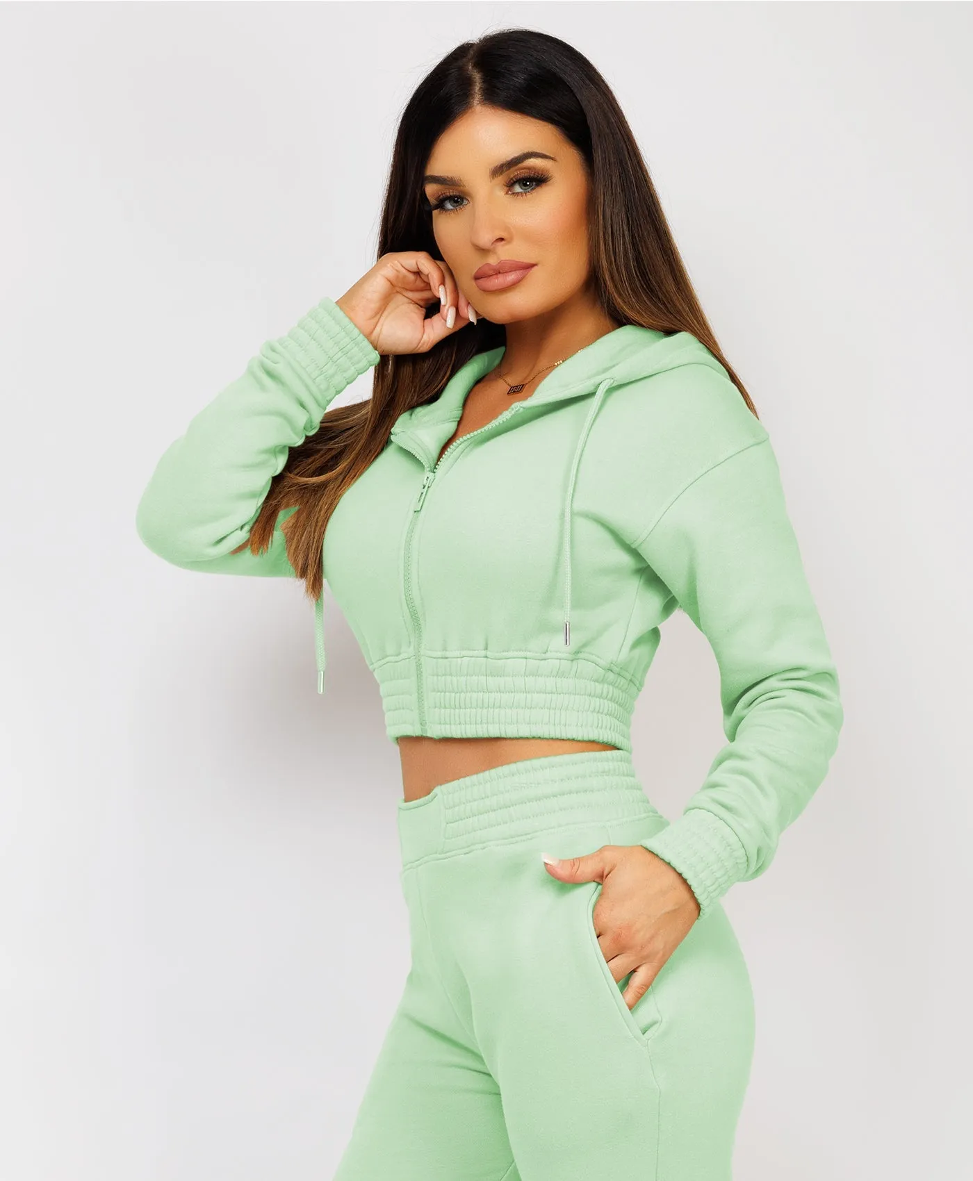 Mint Zipped Cropped Hooded Tracksuit Loungewear Set