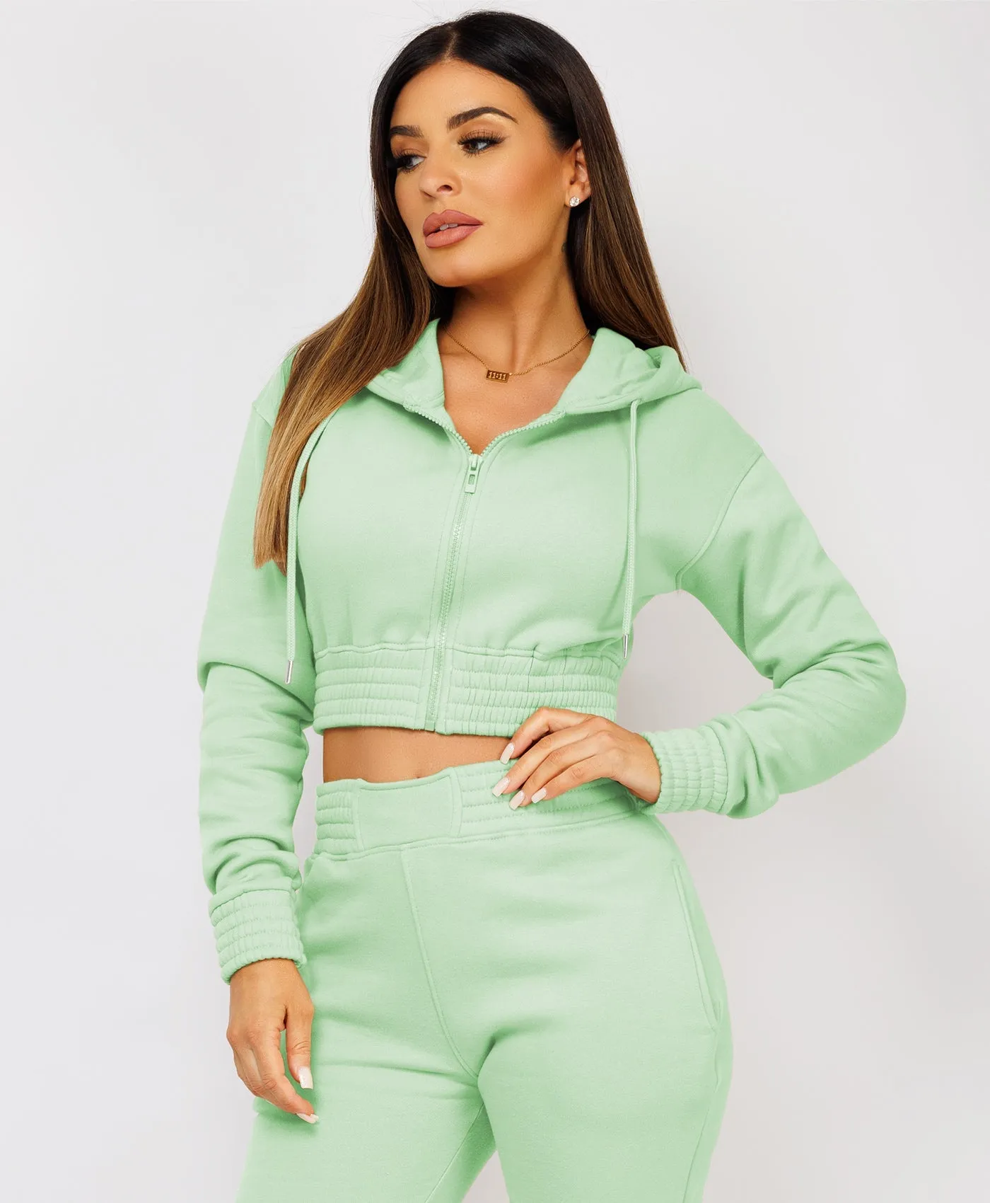 Mint Zipped Cropped Hooded Tracksuit Loungewear Set