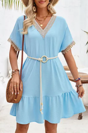 Mist Blue Lace V-Neck Tie Waist Cinching Short Dress - Elegant Style