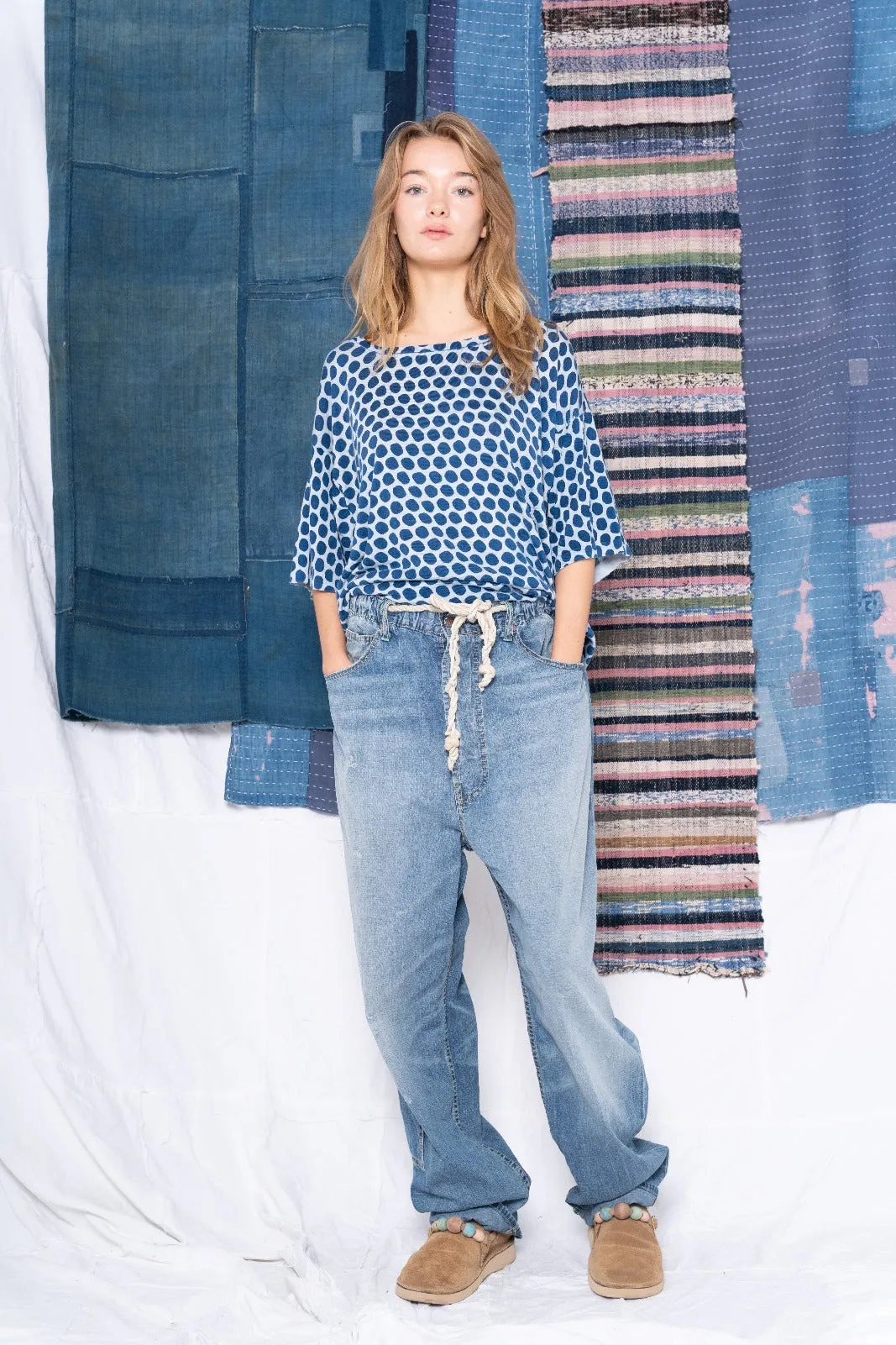 Model T. Organic Cotton Knitted Indigo Dye Block Print Dots Sunfaded