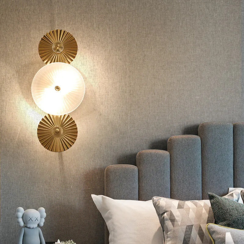 Modern Luxury Pleated Hardware Disc Glass Shade 2-Light Wall Sconce Lamp For Bedroom