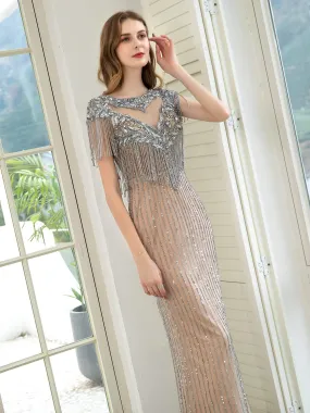 Numbersea Mermaid Beaded Luxurious Fashion Formal Evening Dresses Short Sleeves Floor Length