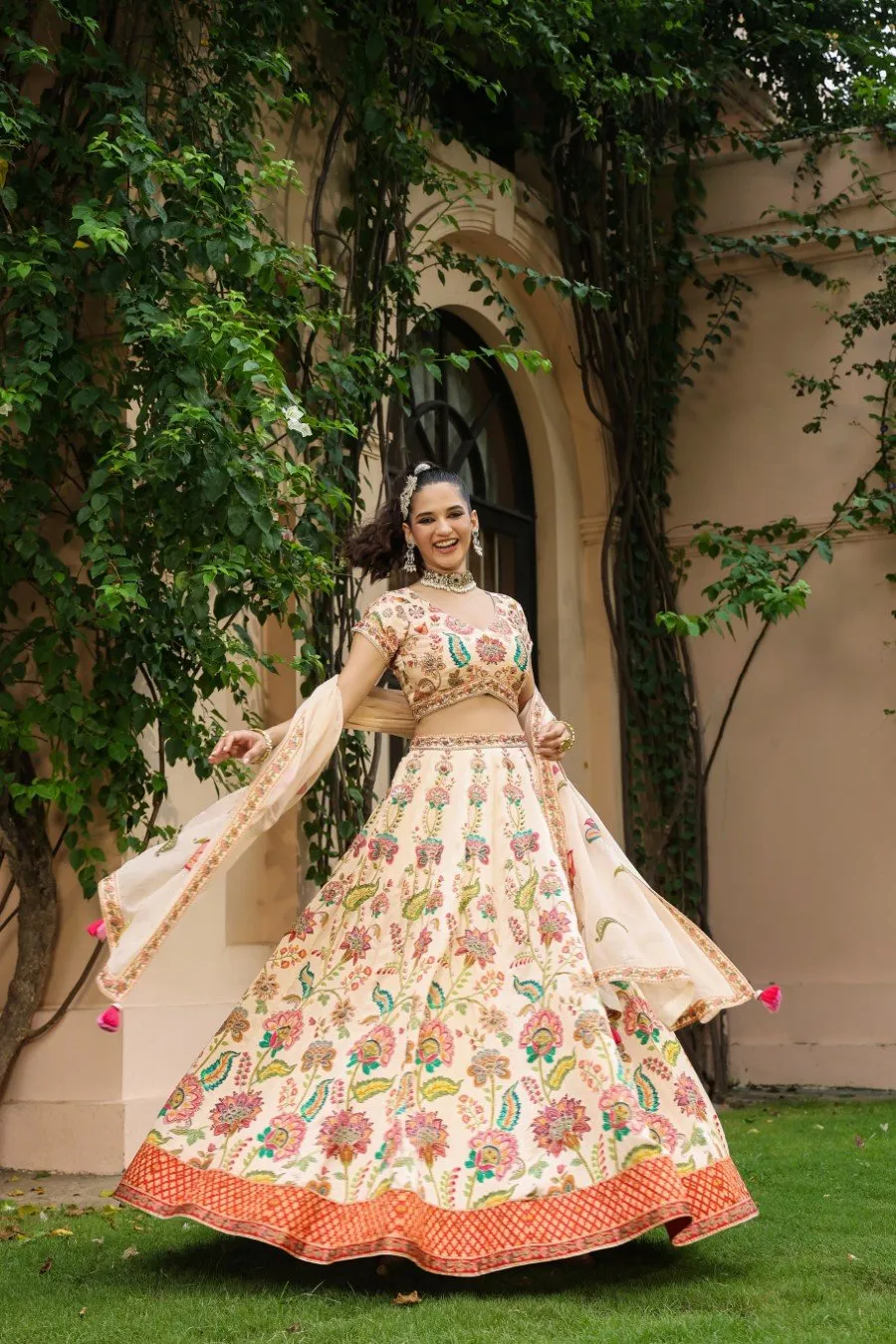 Off White Floral Printed Raw Silk Lehenga Set