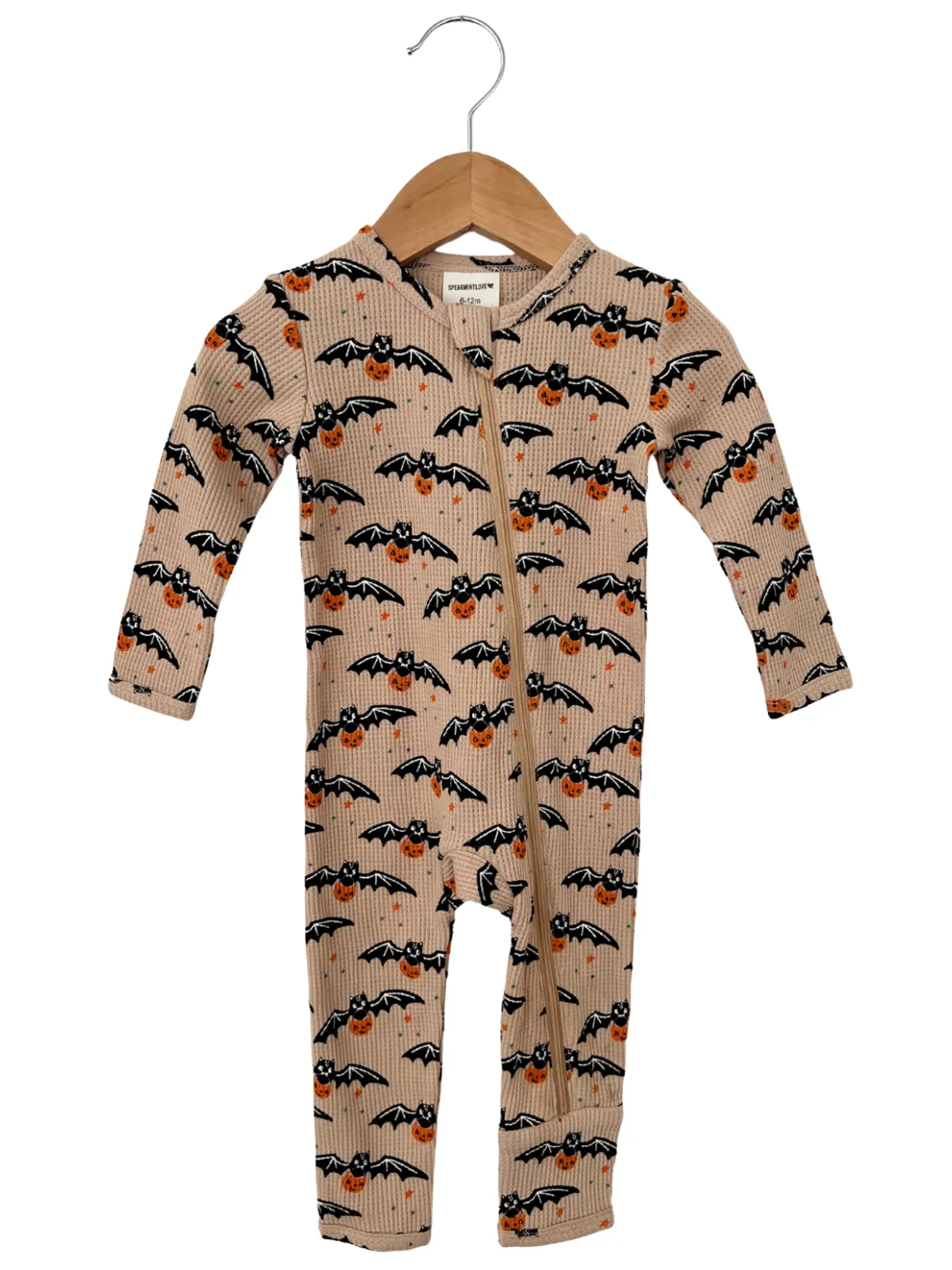 Organic Waffle Basic Zip Romper, Tan Trick or Treating Bat