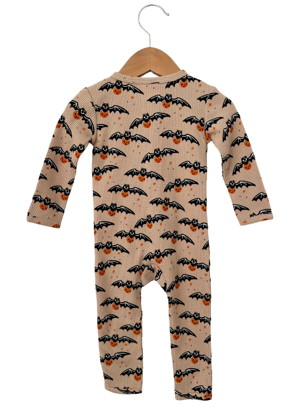 Organic Waffle Basic Zip Romper, Tan Trick or Treating Bat