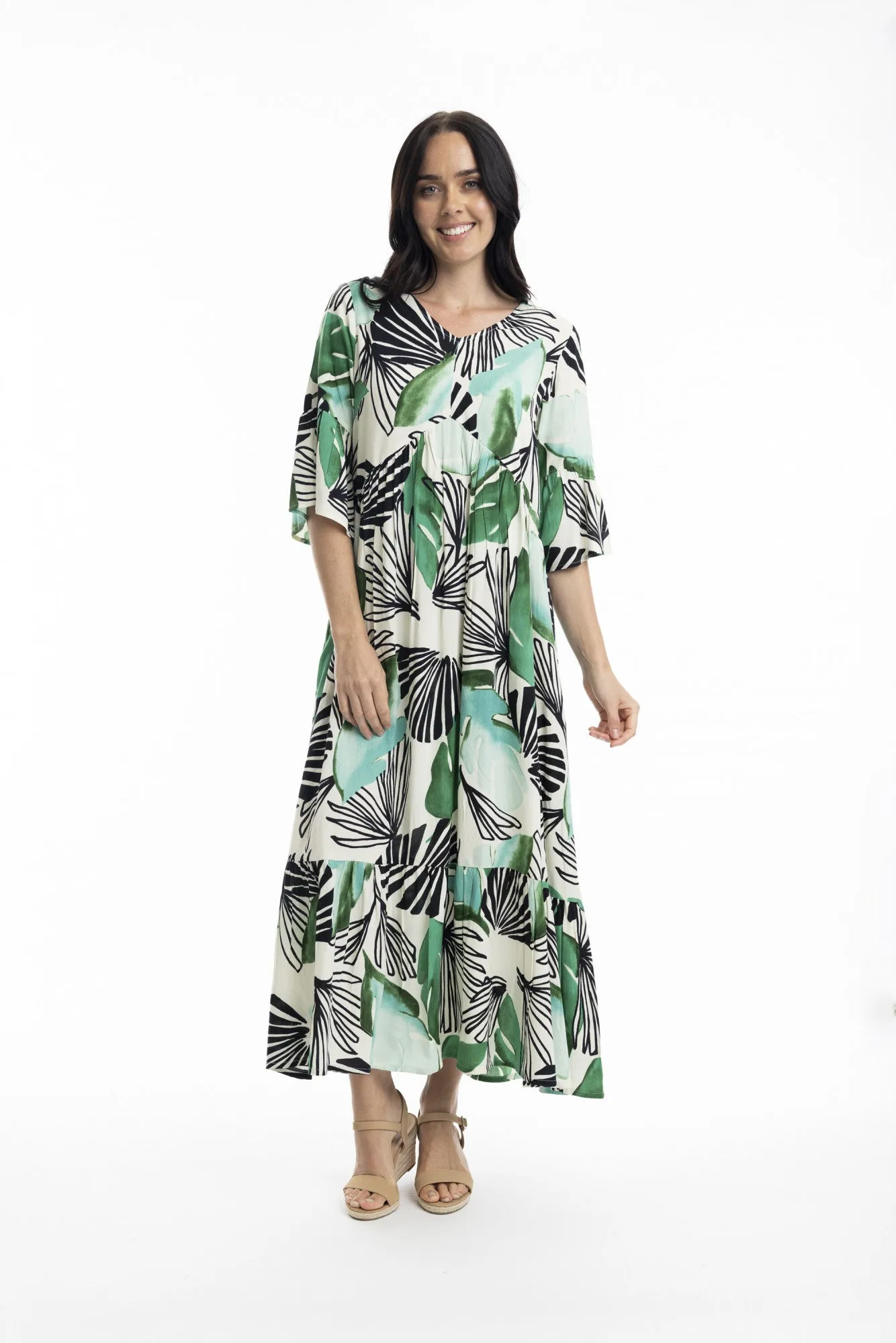 ORIENTIQUE - Papagayo Maxi Peak Dress - WHITE W BLACK & GREEN