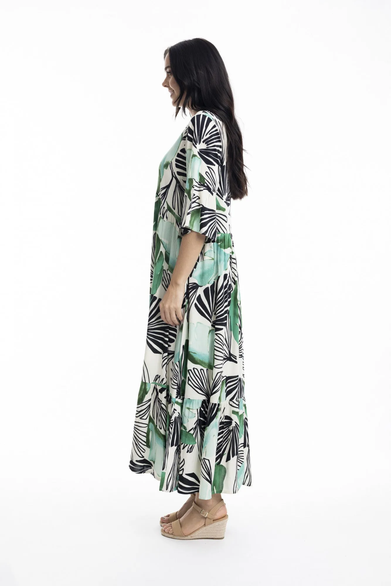 ORIENTIQUE - Papagayo Maxi Peak Dress - WHITE W BLACK & GREEN