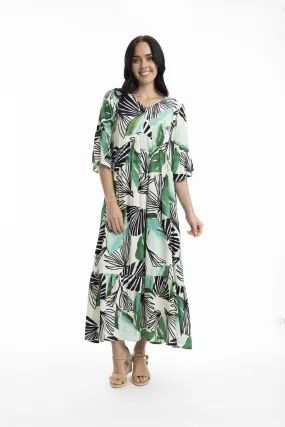 ORIENTIQUE - Papagayo Maxi Peak Dress - WHITE W BLACK & GREEN