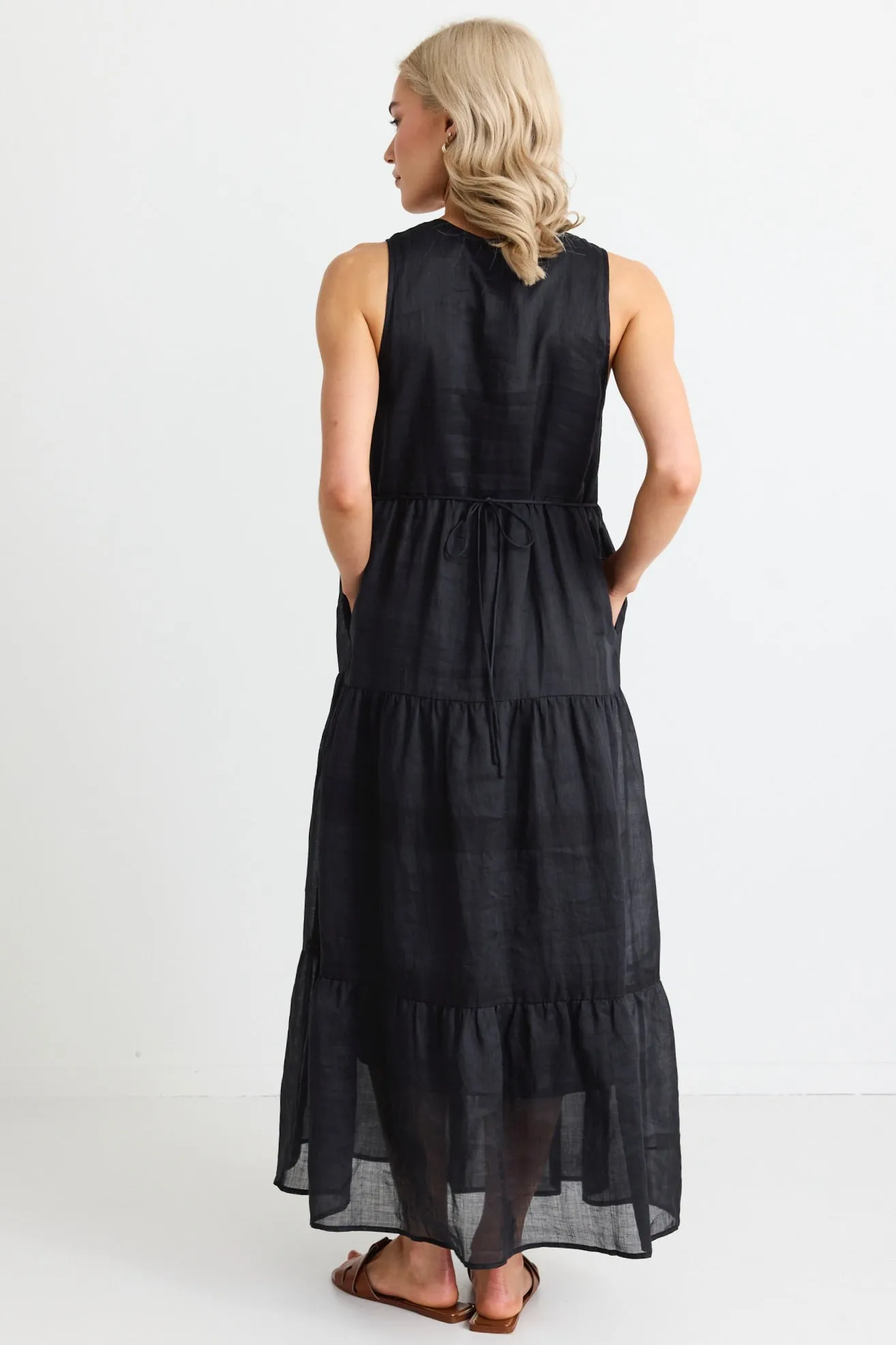 Pacific Black Cotton Voile Sleeveless Button Front Tiered Maxi Dress