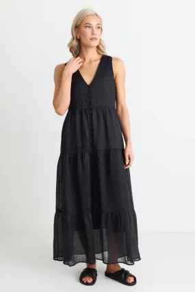 Pacific Black Cotton Voile Sleeveless Button Front Tiered Maxi Dress