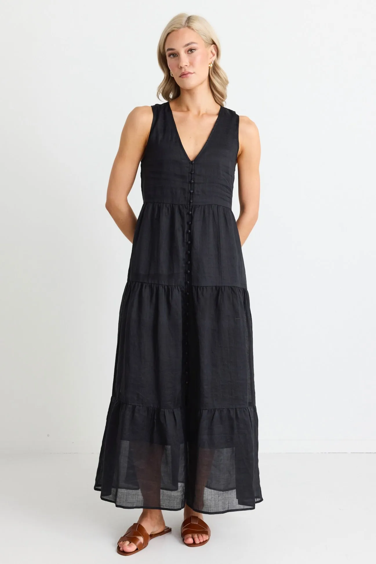 Pacific Black Cotton Voile Sleeveless Button Front Tiered Maxi Dress