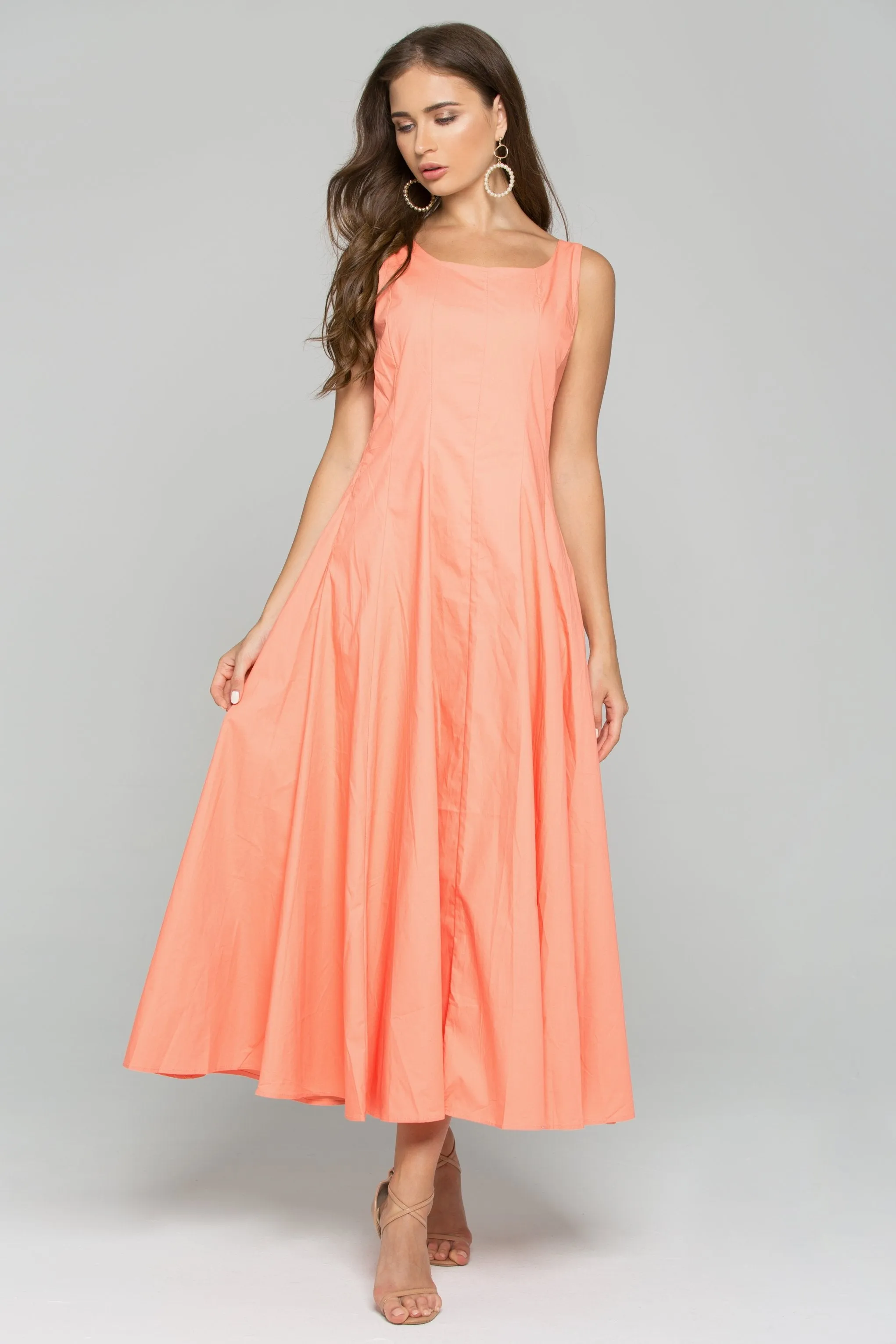 Peach Cotton Square Neckline A-Line Maxi Dress