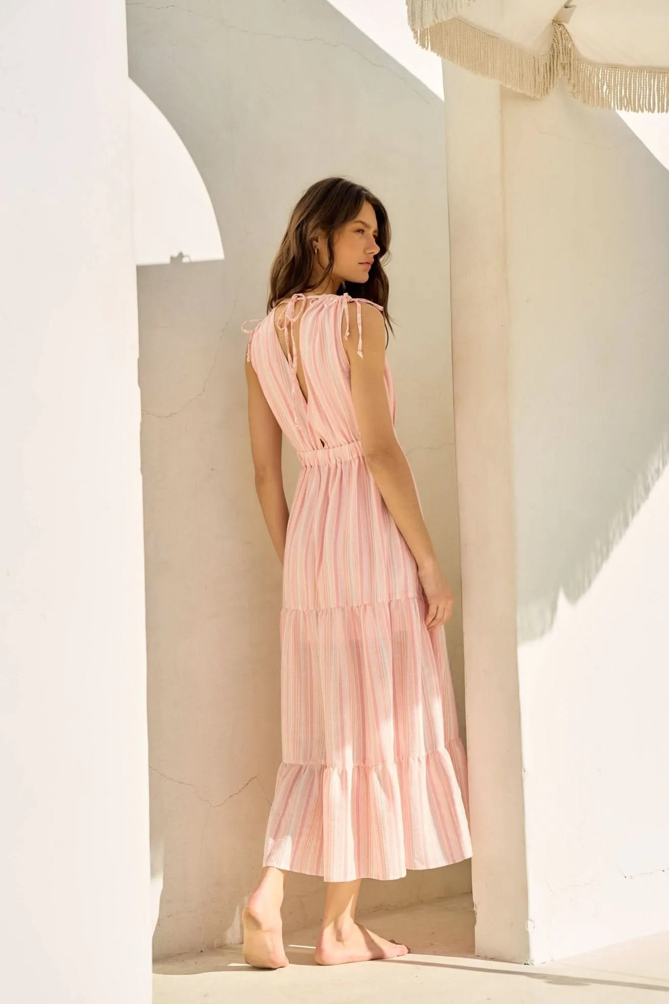 Peach Striped V-Neck Back Tiered Maxi Dress