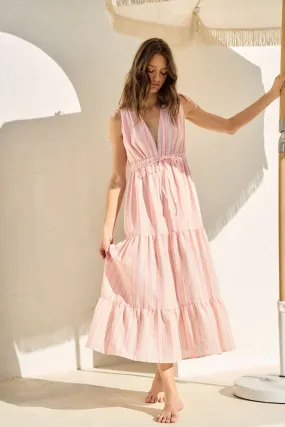 Peach Striped V-Neck Back Tiered Maxi Dress