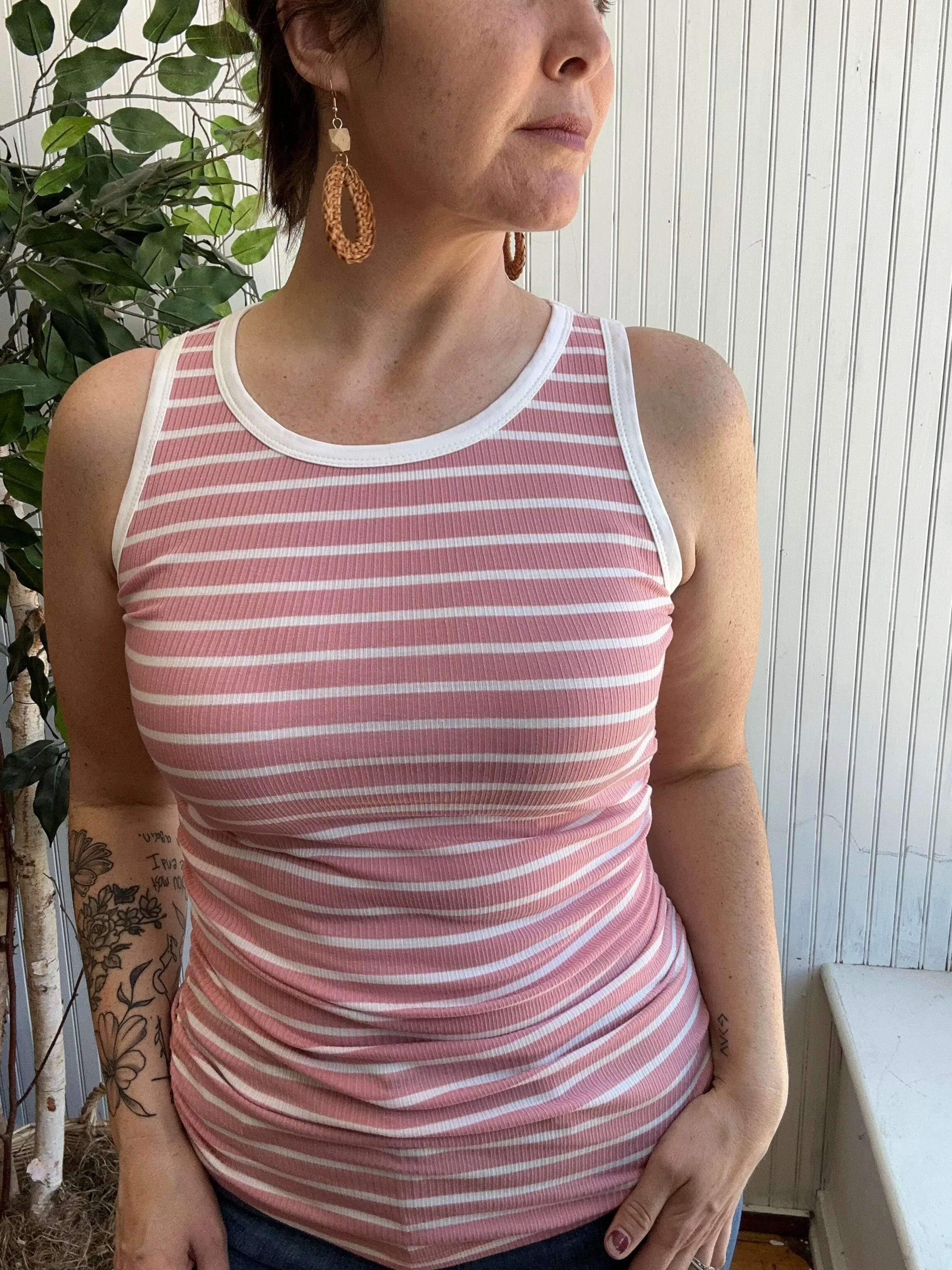 Pink & White Striped Ribbed Slim Fit Tank