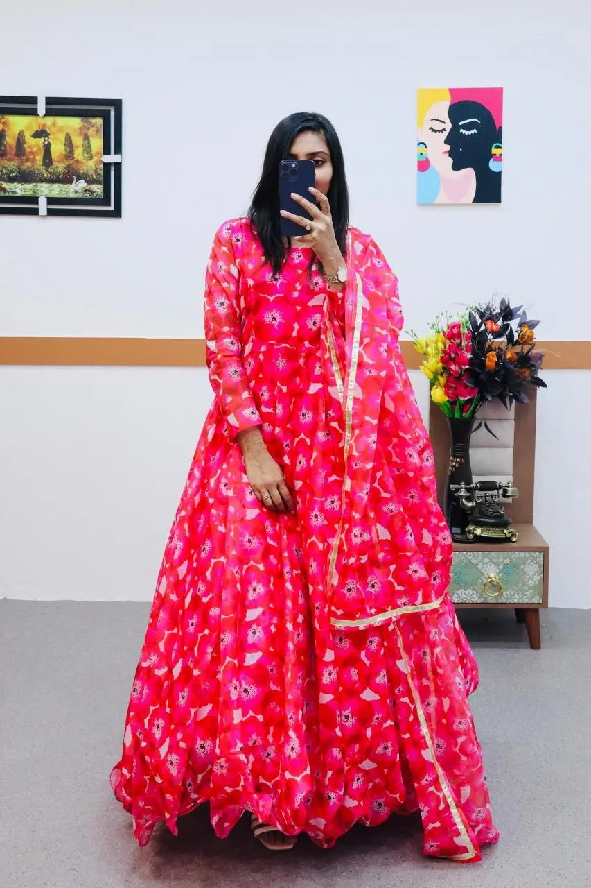 Pink Anarkali Gown in Organza with Floral Print