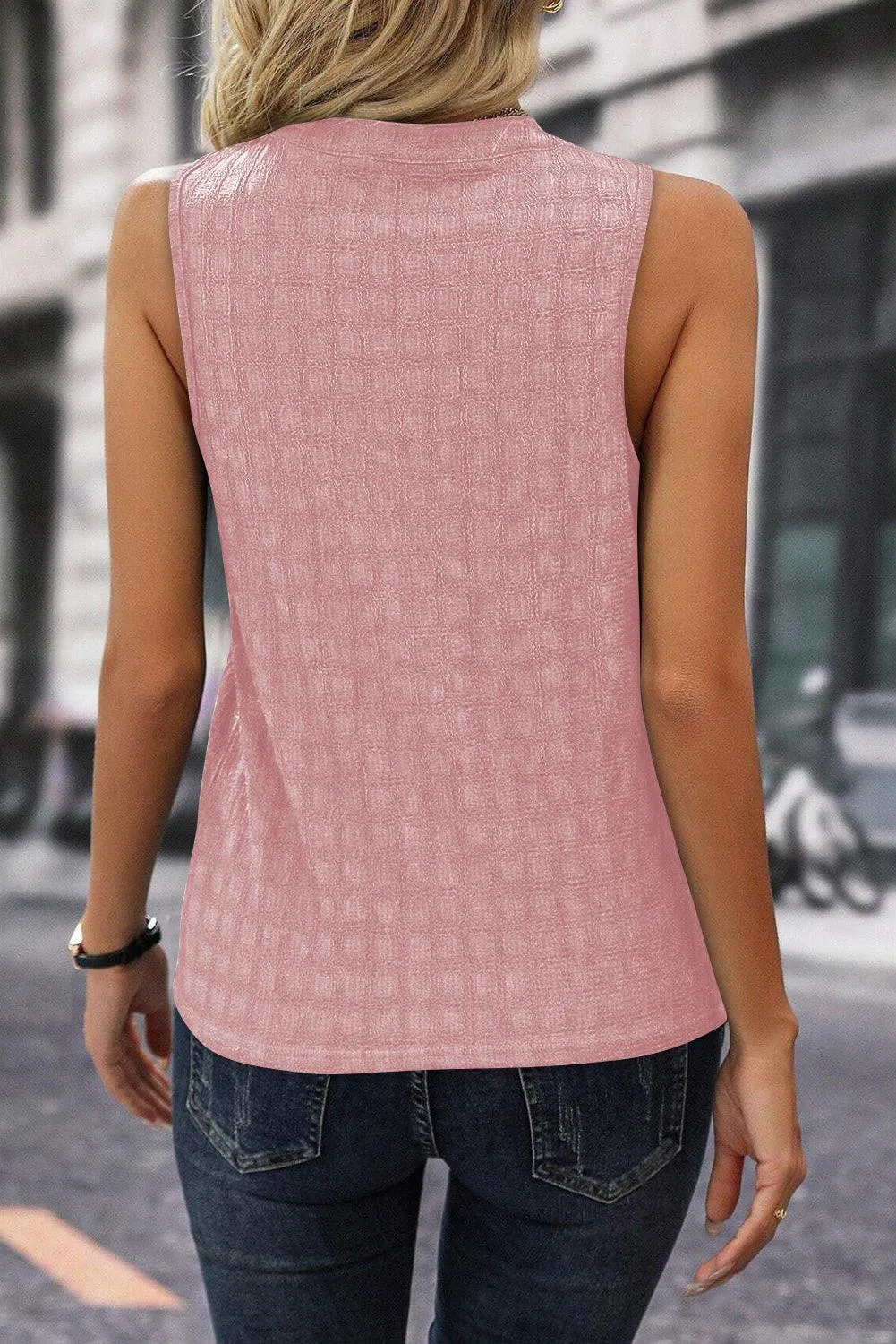 Pink Lattice Textured Split Neck Sleeveless Summer Tank Top