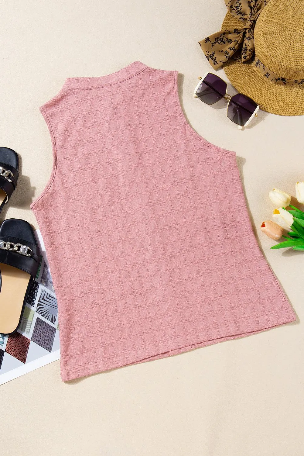 Pink Lattice Textured Split Neck Sleeveless Summer Tank Top