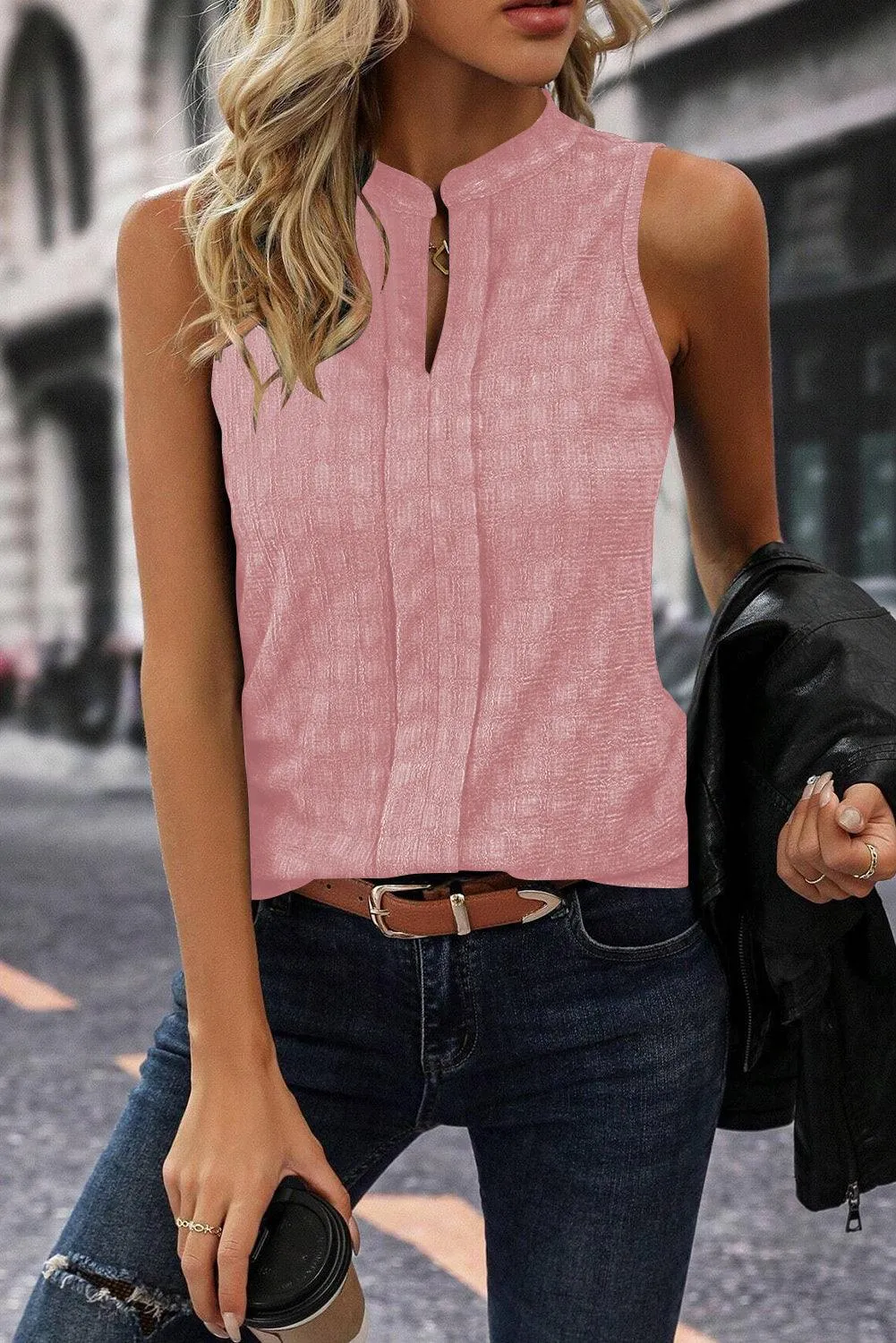 Pink Lattice Textured Split Neck Sleeveless Summer Tank Top