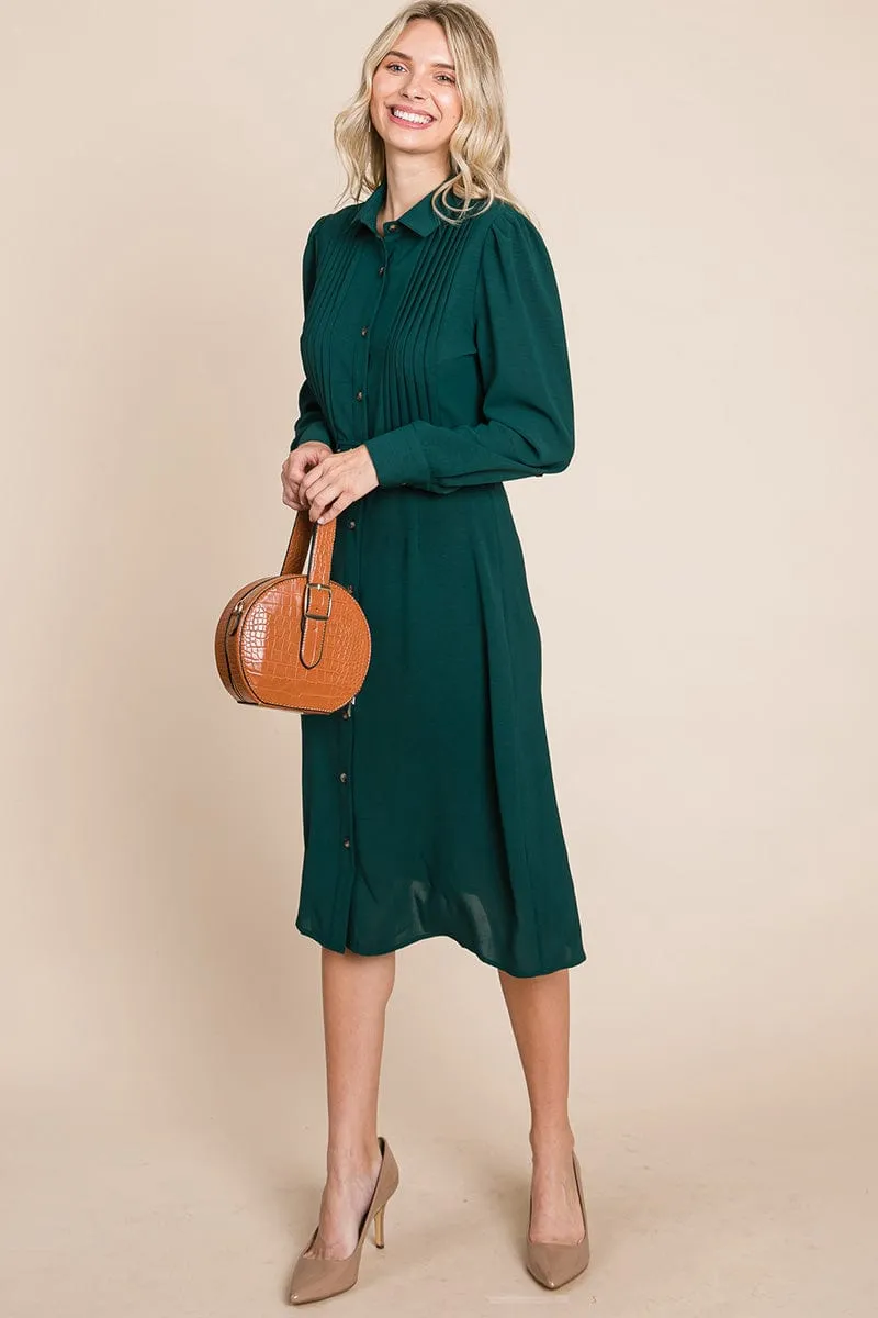 Pintucked Front Button Down Shirtdress with Belt