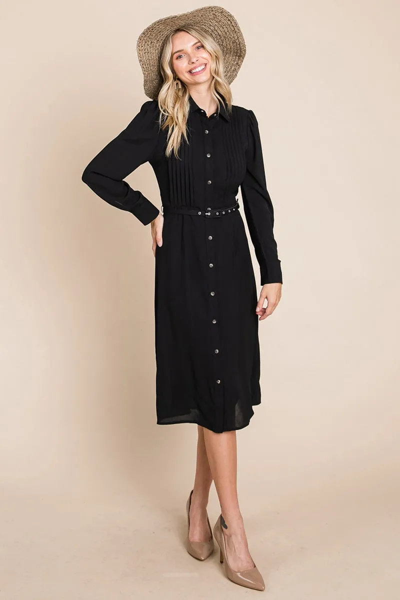 Pintucked Front Button Down Shirtdress with Belt