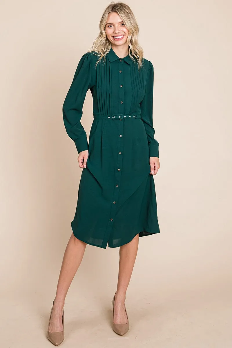 Pintucked Front Button Down Shirtdress with Belt