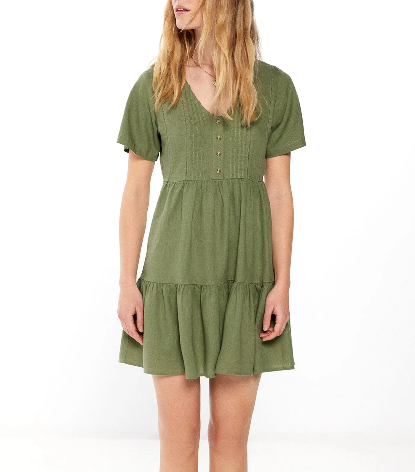 Pintucks Short Linen Dress Green